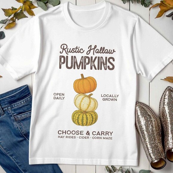 Pumpkin Farmers Market Graphic Tee Fall Autumn Season Vintage Style T-Shirt - Picture 2 of 4